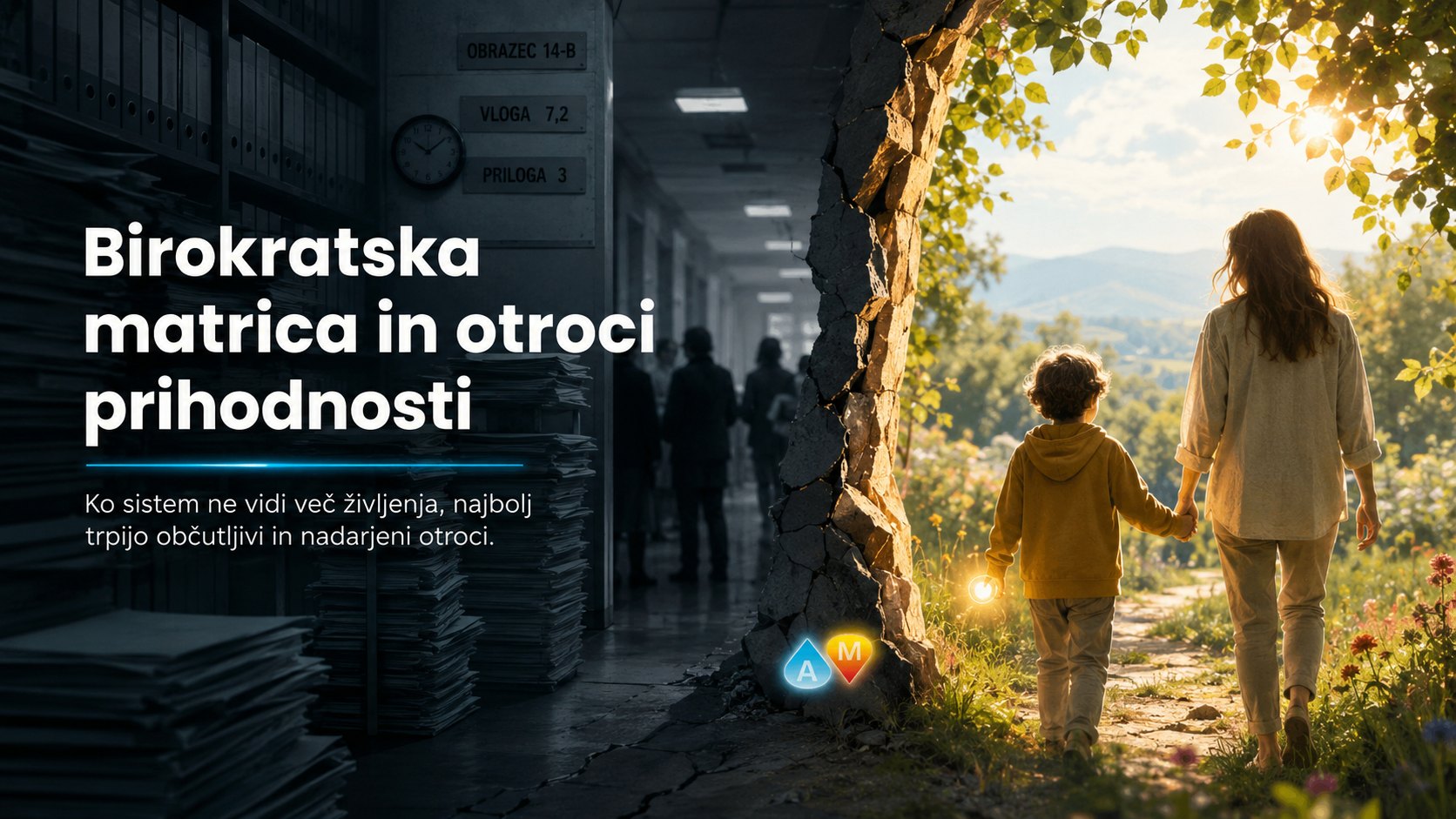Birokratska matrica in otrok, ki odhaja proti naravni svetlobi