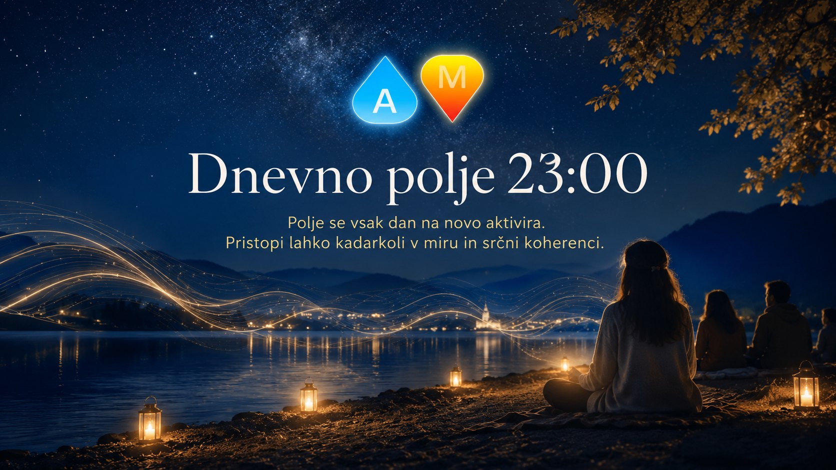 Mirno dnevno polje ob jezeru pod zvezdami