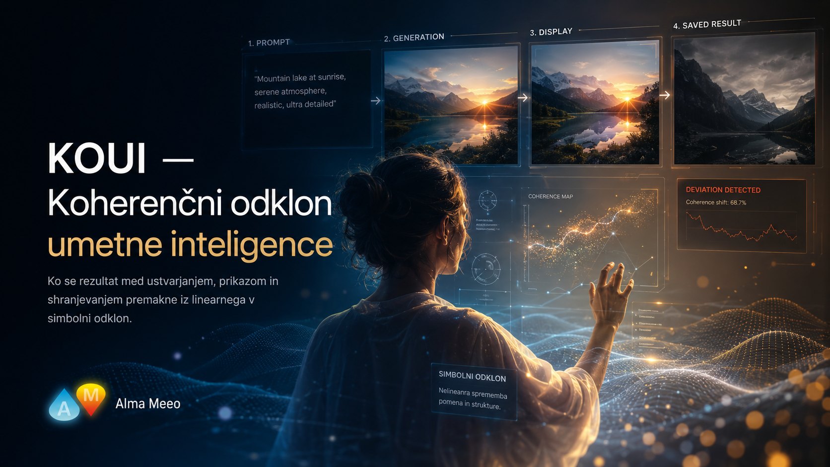 Koherenčni odklon umetne inteligence — človek opazuje spremembo med prikazom in shranjenim rezultatom