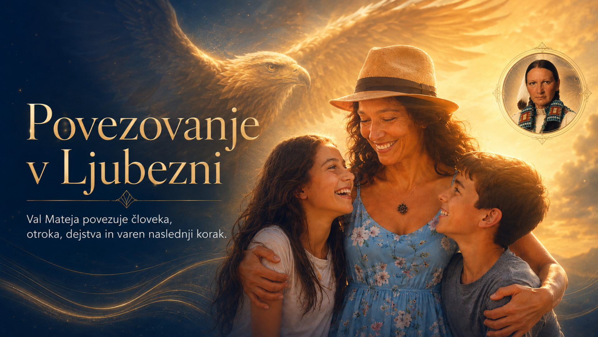 Povezovanje v Ljubezni — družina, dobro viden orel in Meeo portret desno zgoraj